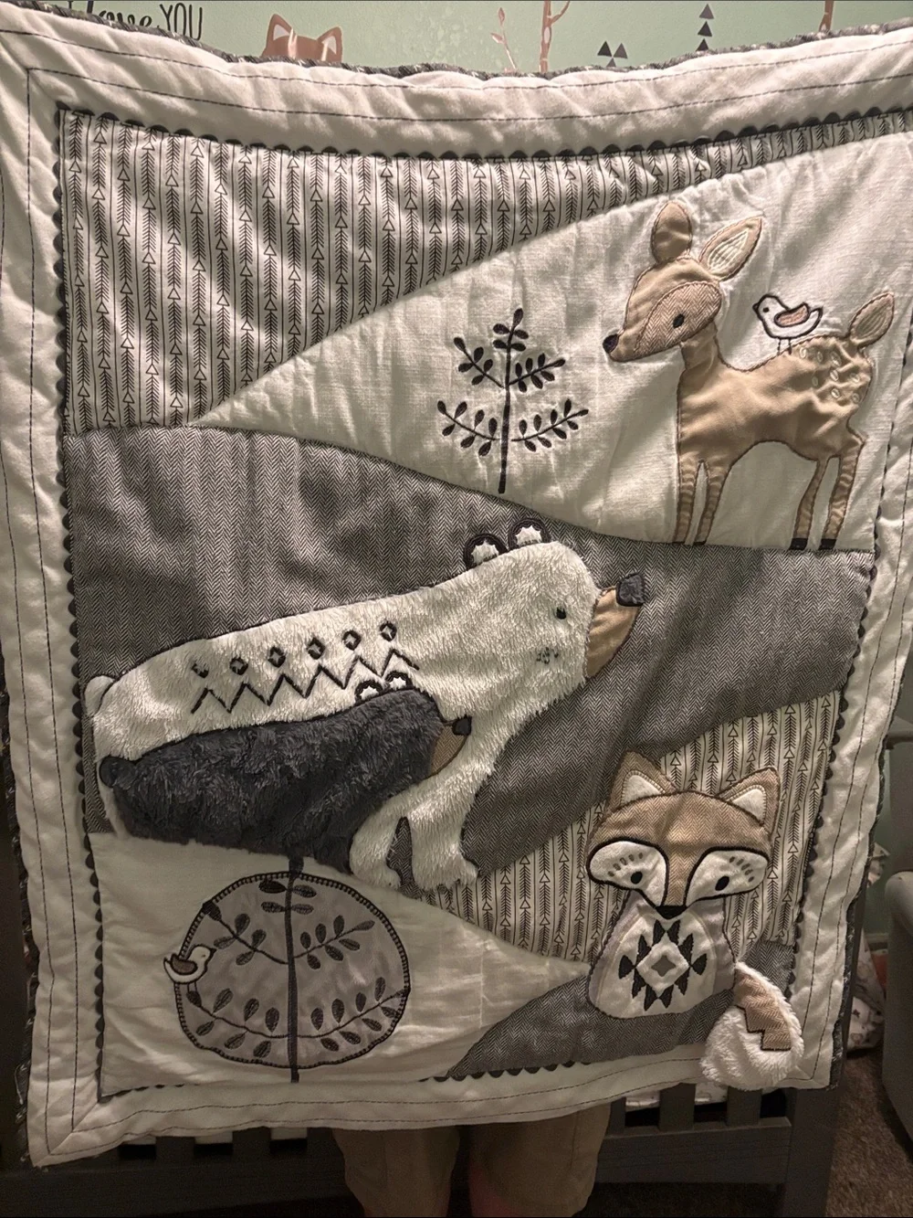 Plush Forest Animal Baby Crib Quilt Blanket - Gray & Cream and Mobile